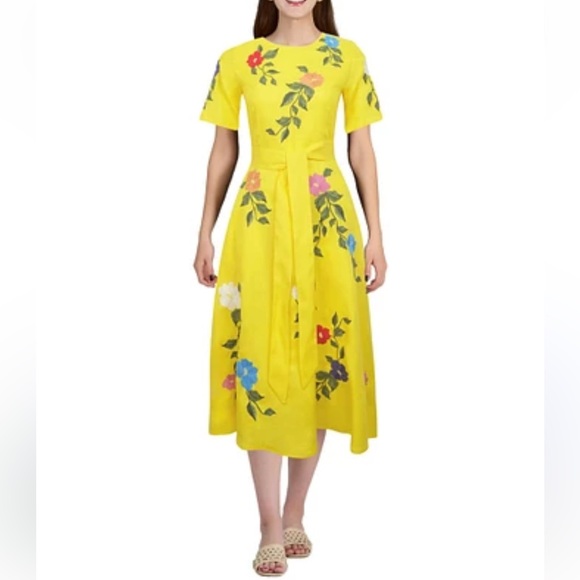 Fanm Mon Bright Yellow Floral Embroidered Short Sleeve A-Line Midi Dress XS NWT - Picture 3 of 14